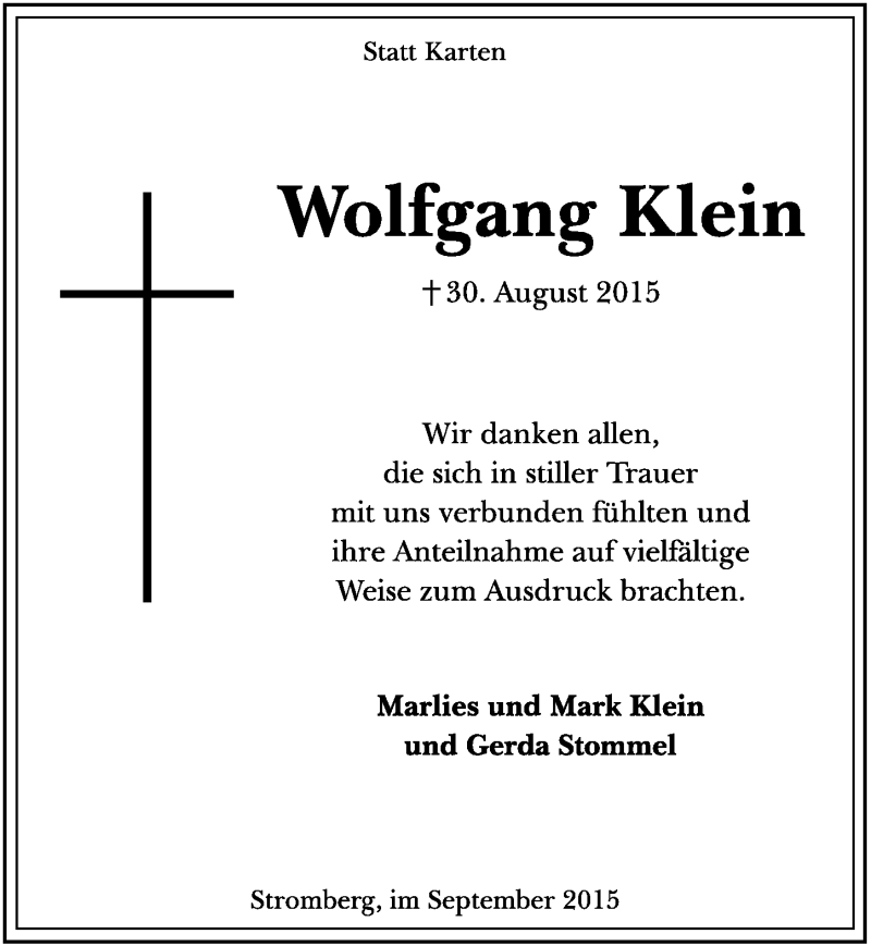  Traueranzeige für Wolfgang Klein vom 23.09.2015 aus  Extra Blatt 