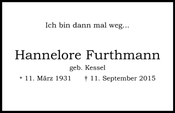 Anzeige von Hannelore Furthmann von Kölner Stadt-Anzeiger / Kölnische Rundschau / Express