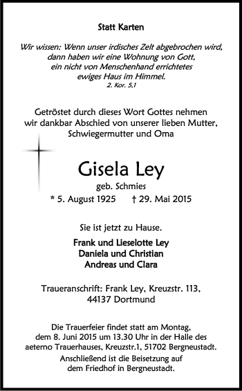 Anzeige von Gisela Ley von Kölner Stadt-Anzeiger / Kölnische Rundschau / Express