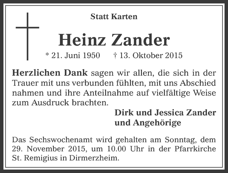  Traueranzeige für Heinz Zander vom 18.11.2015 aus  Werbepost 