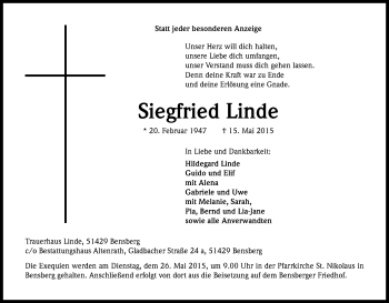 Anzeige von Siegfried Linde von Kölner Stadt-Anzeiger / Kölnische Rundschau / Express