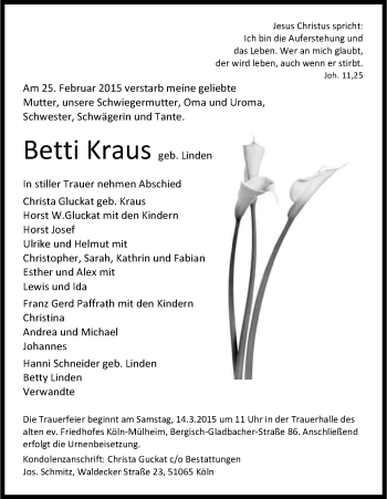 Anzeige von Betti Kraus von Kölner Stadt-Anzeiger / Kölnische Rundschau / Express