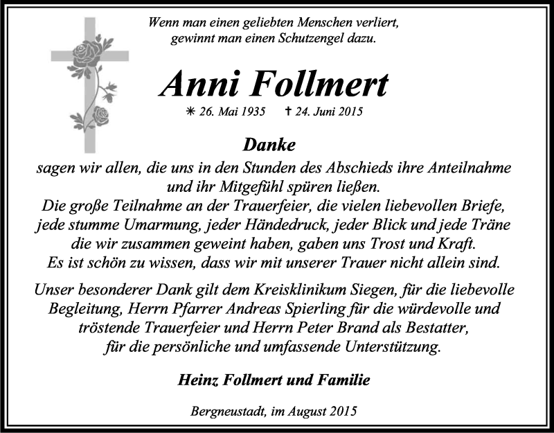  Traueranzeige für Anni Follmert vom 01.08.2015 aus Kölner Stadt-Anzeiger / Kölnische Rundschau / Express