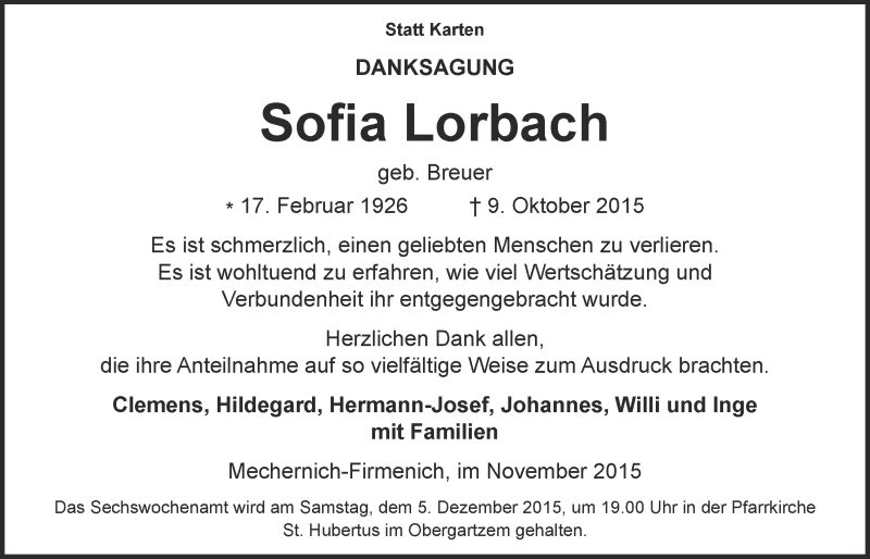  Traueranzeige für Sofia Lorbach vom 29.11.2015 aus  Blickpunkt Euskirchen 
