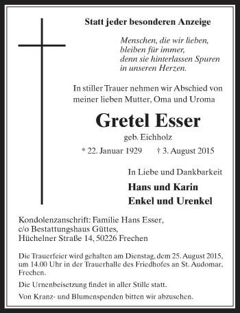 Anzeige von Gretel Esser von  Wochenende 