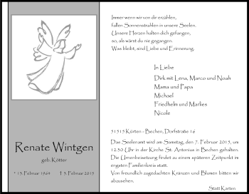 Anzeige von Renate Wintgen von Kölner Stadt-Anzeiger / Kölnische Rundschau / Express