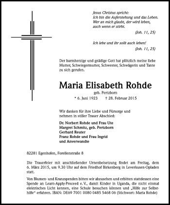 Anzeige von Maria Elisabeth Rohde von Kölner Stadt-Anzeiger / Kölnische Rundschau / Express