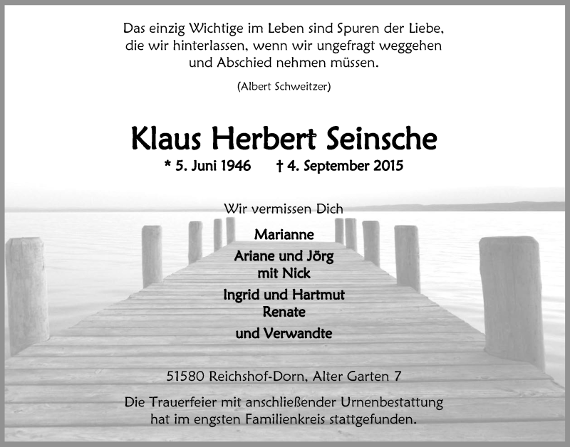 Traueranzeige für Klaus Herbert Seinsche vom 16.09.2015 aus  Anzeigen Echo 