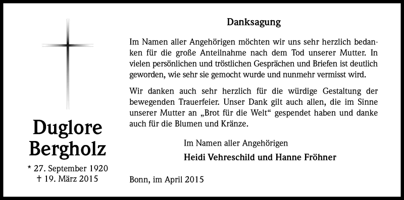  Traueranzeige für Duglore Bergholz vom 25.04.2015 aus Kölner Stadt-Anzeiger / Kölnische Rundschau / Express
