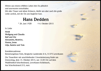 Anzeige von Hans Dedden von Kölner Stadt-Anzeiger / Kölnische Rundschau / Express