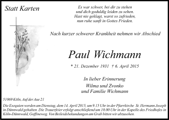 Anzeige von Paul Wichmann von Kölner Stadt-Anzeiger / Kölnische Rundschau / Express