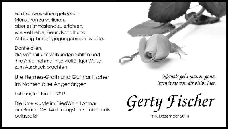  Traueranzeige für Gerty Fischer vom 31.01.2015 aus Kölner Stadt-Anzeiger / Kölnische Rundschau / Express