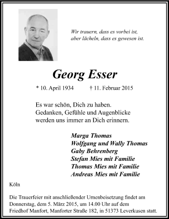 Anzeige von Georg Esser von Kölner Stadt-Anzeiger / Kölnische Rundschau / Express