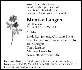 Anzeige von Monika Langen von Kölner Stadt-Anzeiger / Kölnische Rundschau / Express