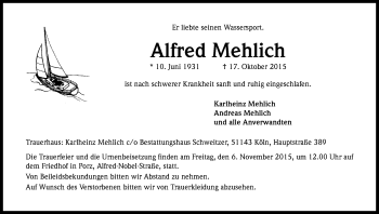 Anzeige von Alfred Mehlich von Kölner Stadt-Anzeiger / Kölnische Rundschau / Express