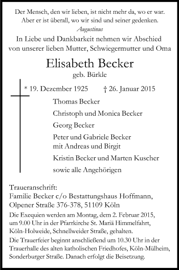 Anzeige von Elisabeth Becker von Kölner Stadt-Anzeiger / Kölnische Rundschau / Express