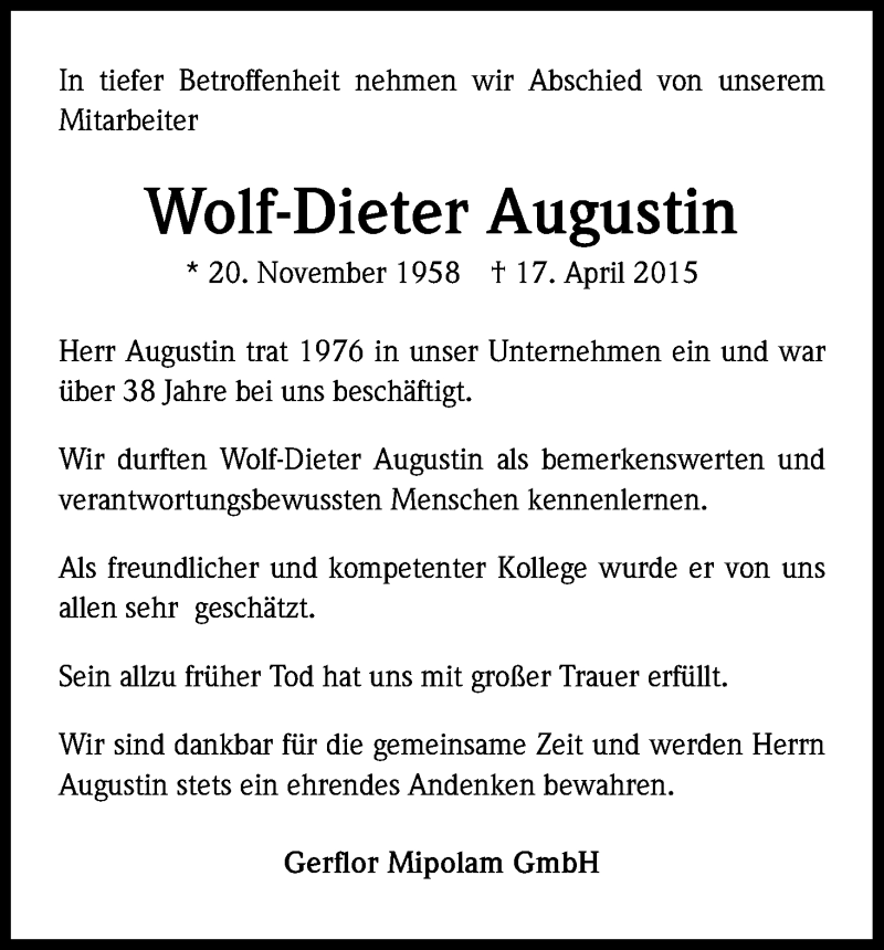  Traueranzeige für Wolf-Dieter Augustin vom 25.04.2015 aus Kölner Stadt-Anzeiger / Kölnische Rundschau / Express