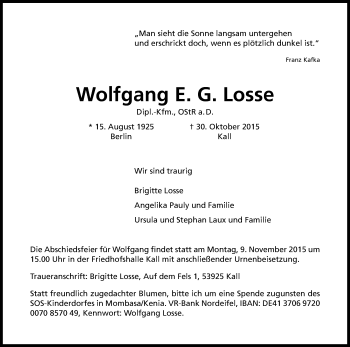 Anzeige von Wolfgang E. G. Losse von Kölner Stadt-Anzeiger / Kölnische Rundschau / Express