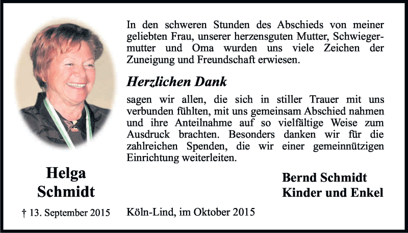  Traueranzeige für Helga Schmidt vom 10.10.2015 aus Kölner Stadt-Anzeiger / Kölnische Rundschau / Express