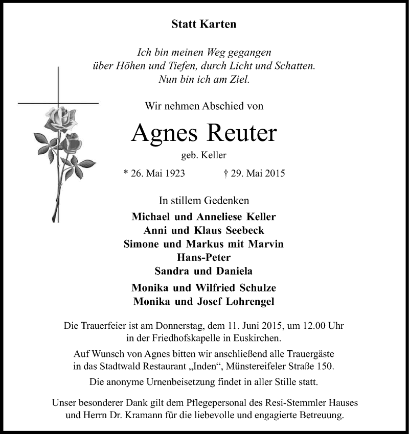  Traueranzeige für Agnes Reuter vom 06.06.2015 aus Kölner Stadt-Anzeiger / Kölnische Rundschau / Express