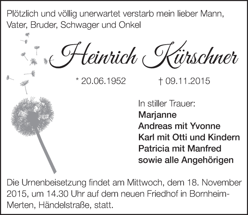  Traueranzeige für Heinrich Kürschner vom 18.11.2015 aus  Schlossbote/Werbekurier 