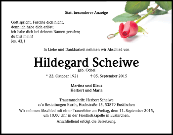 Anzeige von Hildegard Scheiwe von Kölner Stadt-Anzeiger / Kölnische Rundschau / Express