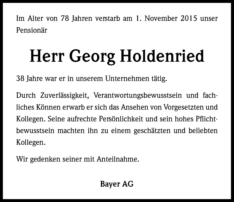 Traueranzeige für Georg Holdenried vom 14.11.2015 aus Köln - Wir Trauern