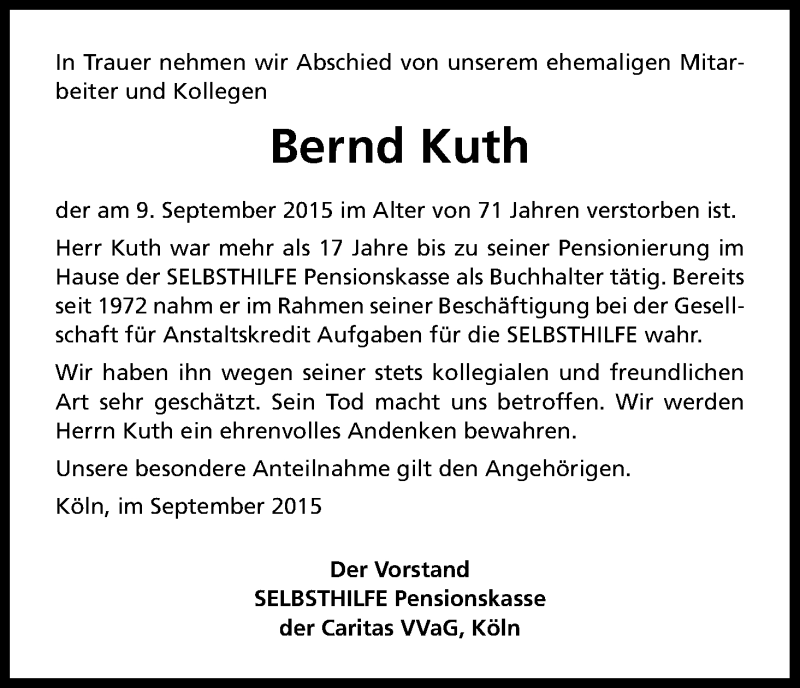  Traueranzeige für Bernd Kuth vom 19.09.2015 aus Kölner Stadt-Anzeiger / Kölnische Rundschau / Express