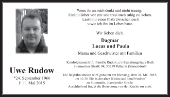 Anzeige von Uwe Rudow von  Wochenende 