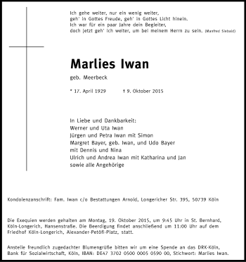 Anzeige von Marlies Iwan von Kölner Stadt-Anzeiger / Kölnische Rundschau / Express