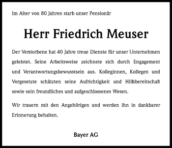 Anzeige von Friedrich Meuser von Köln - Wir Trauern