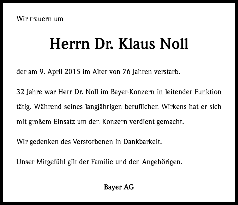 Traueranzeige für Klaus Noll vom 24.04.2015 aus Kölner Stadt-Anzeiger / Kölnische Rundschau / Express
