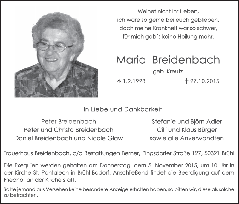 Traueranzeige für Maria Breidenbach vom 04.11.2015 aus  Schlossbote/Werbekurier 