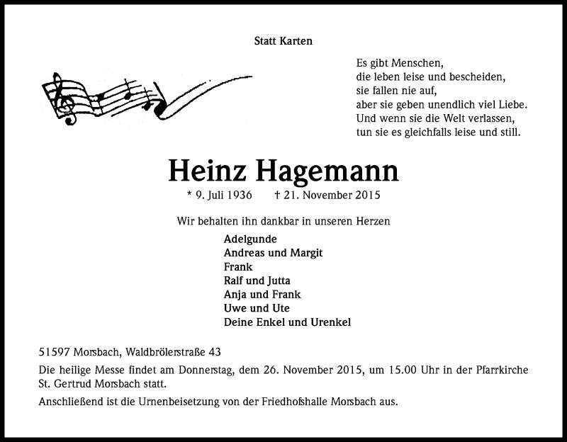  Traueranzeige für Heinz Hagemann vom 24.11.2015 aus Kölner Stadt-Anzeiger / Kölnische Rundschau / Express