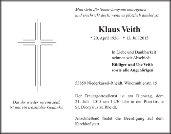 Anzeige von Klaus Veith von  Rhein-Sieg-Wochenende 