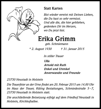 Anzeige von Erika Grimm von Kölner Stadt-Anzeiger / Kölnische Rundschau / Express