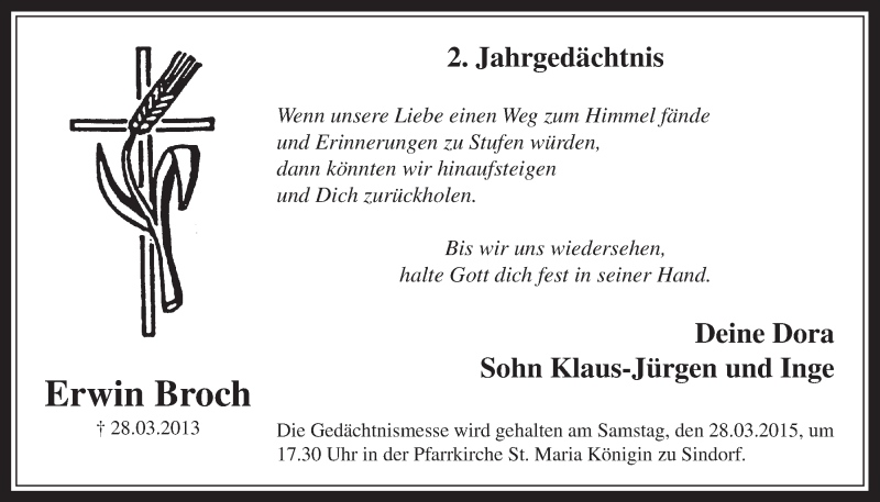  Traueranzeige für Erwin Broch vom 25.03.2015 aus  Werbepost 