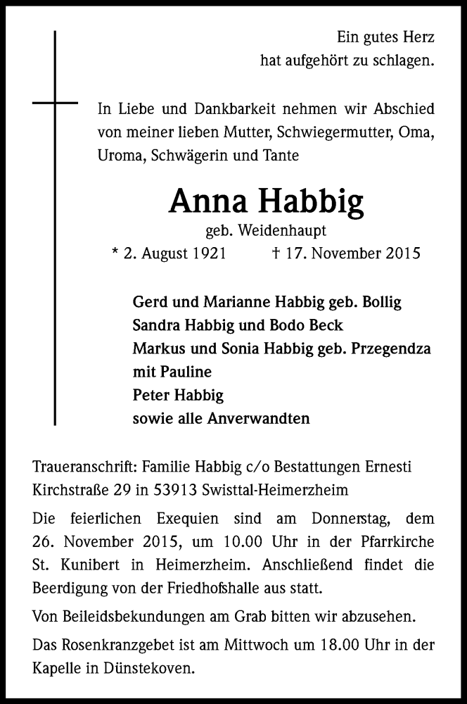  Traueranzeige für Anna Habbig vom 21.11.2015 aus Kölner Stadt-Anzeiger / Kölnische Rundschau / Express