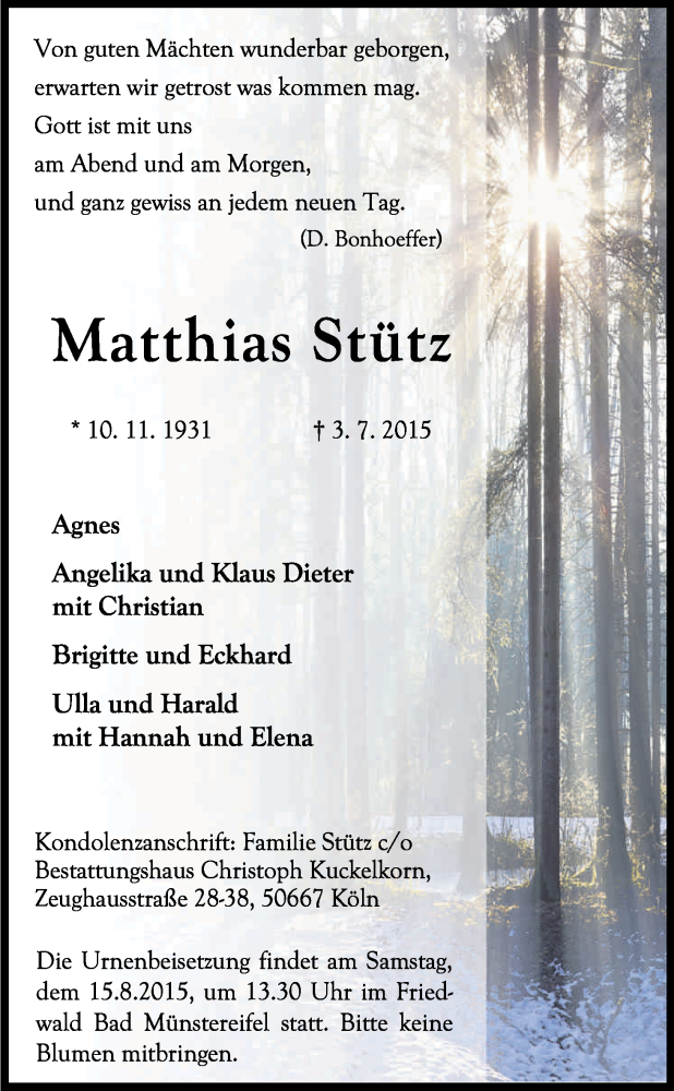  Traueranzeige für Matthias Stütz vom 25.07.2015 aus Kölner Stadt-Anzeiger / Kölnische Rundschau / Express