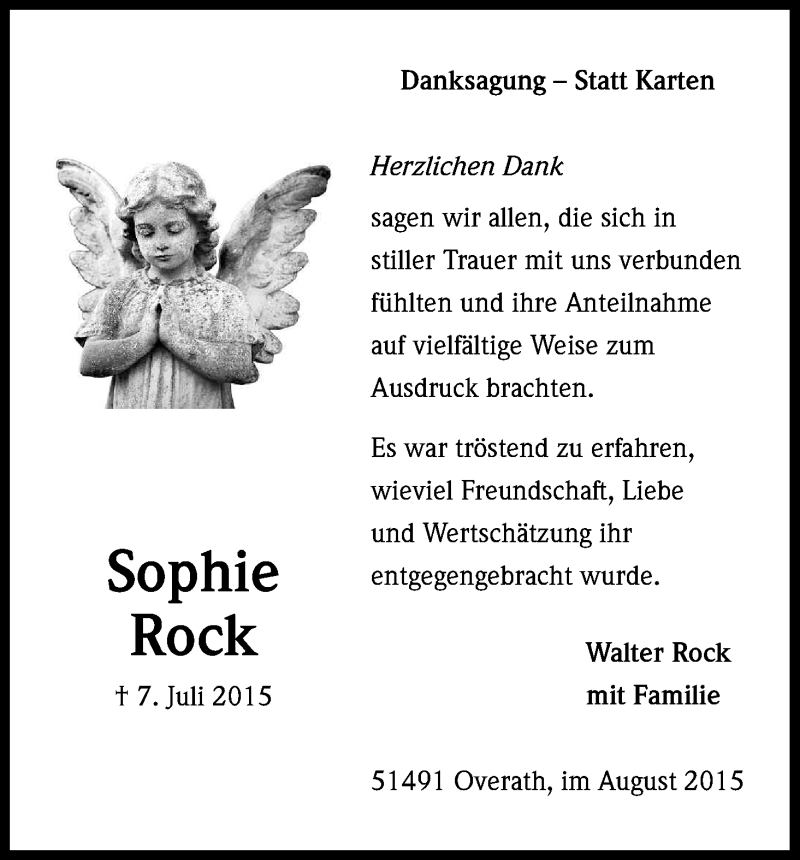  Traueranzeige für Sophie Rock vom 22.08.2015 aus Kölner Stadt-Anzeiger / Kölnische Rundschau / Express