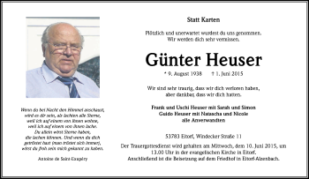Anzeige von Günter Heuser von Kölner Stadt-Anzeiger / Kölnische Rundschau / Express