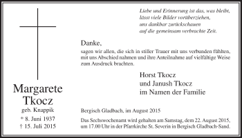 Anzeige von Margarete Tkocz von  Bergisches Handelsblatt 