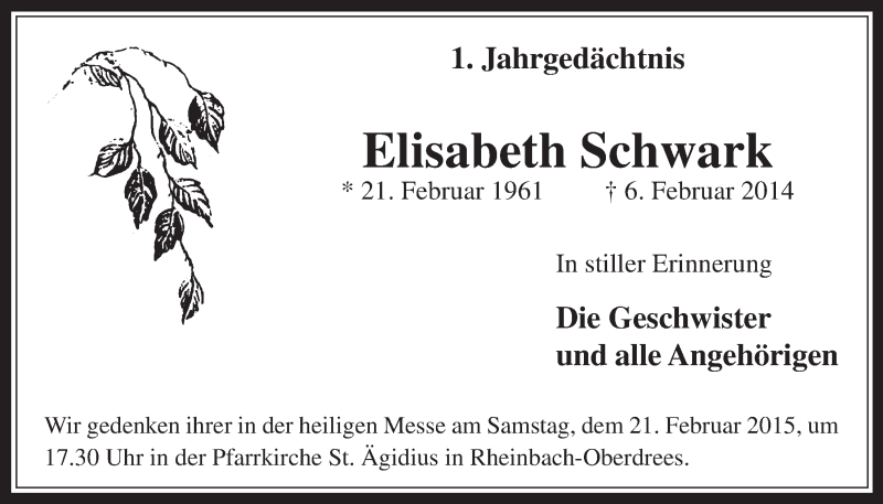  Traueranzeige für Elisabeth Schwark vom 18.02.2015 aus  Schaufenster/Blickpunkt 