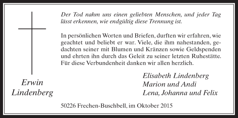  Traueranzeige für Erwin Lindenberg vom 14.10.2015 aus  Wochenende 