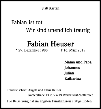 Anzeige von Fabian Heuser von Kölner Stadt-Anzeiger / Kölnische Rundschau / Express
