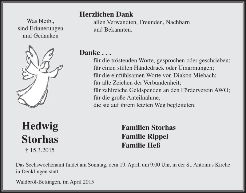  Traueranzeige für Hedwig Storhas vom 15.04.2015 aus  Lokalanzeiger 