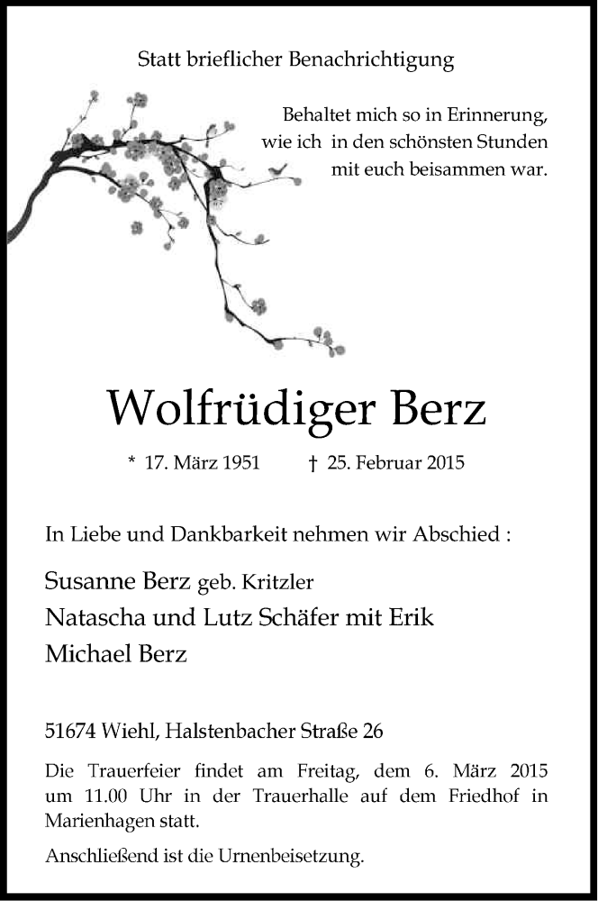  Traueranzeige für Wolfrüdiger Berz vom 03.03.2015 aus Kölner Stadt-Anzeiger / Kölnische Rundschau / Express