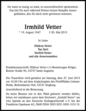 Anzeige von Irmhild Vetter von Kölner Stadt-Anzeiger / Kölnische Rundschau / Express