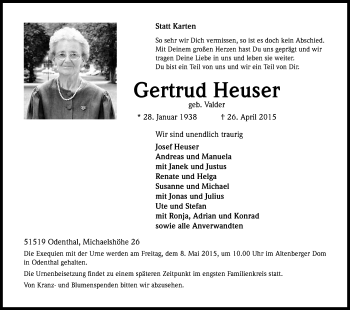 Anzeige von Gertrud Heuser von Kölner Stadt-Anzeiger / Kölnische Rundschau / Express