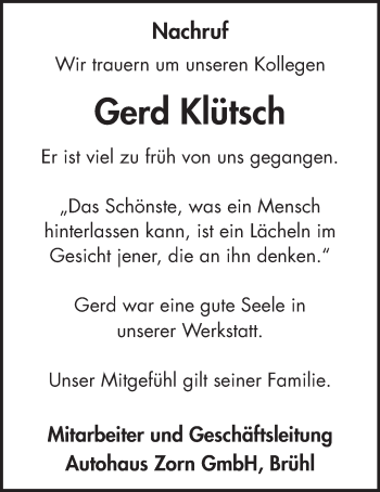 Anzeige von Gerd Klütsch von  Schlossbote/Werbekurier 